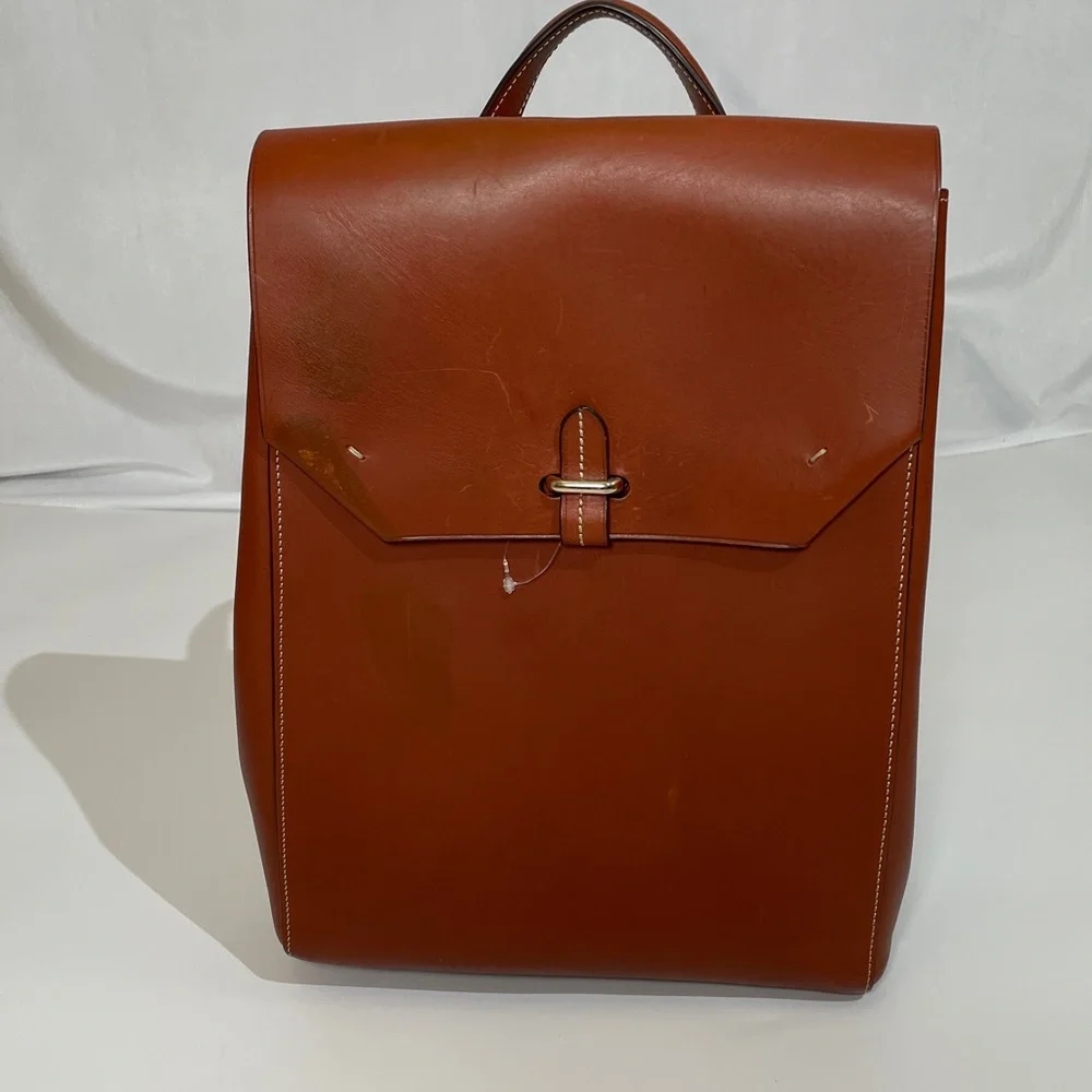 Paul Stuart 100% Leather Backpack Tan Brown Red Lining Gold Hardware